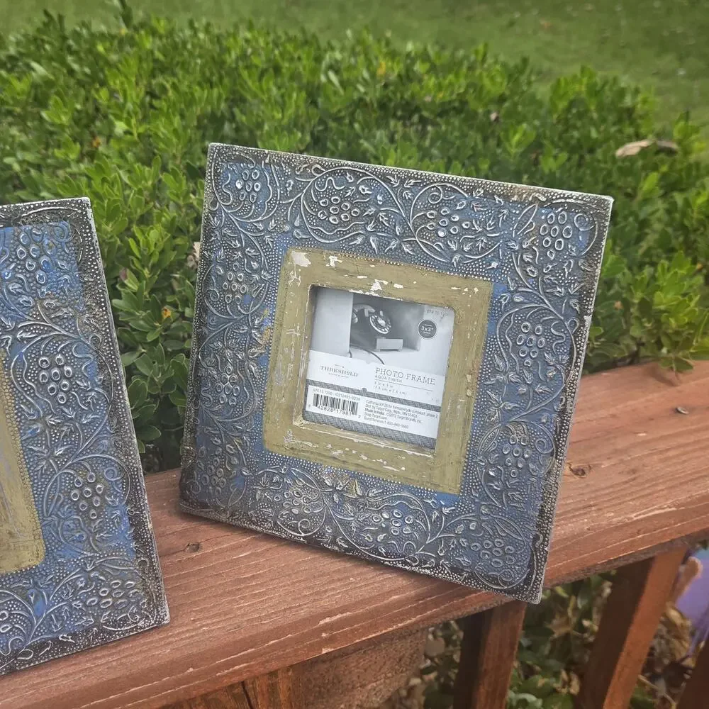 Threshold Set of 2 Distressed Blue Silver Photo Frames 8x8 Western Boho 3x3